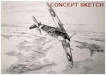 Concept sketch - of Spitfire in sunset painting